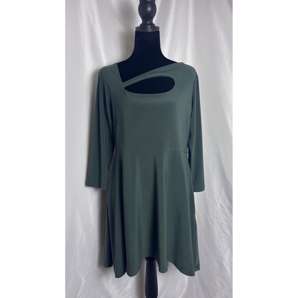 Sympli Cutout Dress Women 10 Olive Green Excellent 3/4 Sleeve Fit Flare